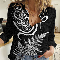New Zealand Octopus Tattoo and Fern Women Casual Shirt Maori Pattern LT03 Female Black - Polynesian Pride