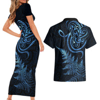 New Zealand Octopus Tattoo and Fern Couples Matching Short Sleeve Bodycon Dress and Hawaiian Shirt Maori Pattern Matariki Style LT03 - Polynesian Pride