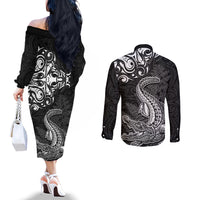 New Zealand Crocodile Tattoo and Fern Couples Matching Off The Shoulder Long Sleeve Dress and Long Sleeve Button Shirt Maori Pattern LT03 - Polynesian Pride