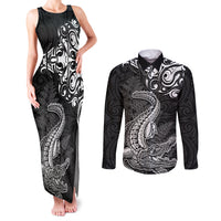 New Zealand Crocodile Tattoo and Fern Couples Matching Tank Maxi Dress and Long Sleeve Button Shirt Maori Pattern LT03 Black - Polynesian Pride