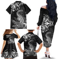 New Zealand Crocodile Tattoo and Fern Family Matching Off The Shoulder Long Sleeve Dress and Hawaiian Shirt Maori Pattern LT03 - Polynesian Pride