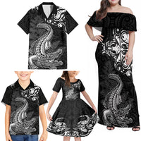 New Zealand Crocodile Tattoo and Fern Family Matching Off Shoulder Maxi Dress and Hawaiian Shirt Maori Pattern LT03 - Polynesian Pride