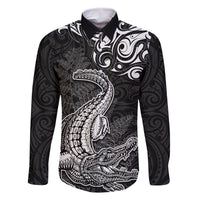 New Zealand Crocodile Tattoo and Fern Family Matching Off Shoulder Short Dress and Hawaiian Shirt Maori Pattern LT03 Dad's Shirt - Long Sleeve Black - Polynesian Pride