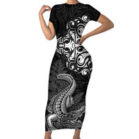New Zealand Crocodile Tattoo and Fern Family Matching Short Sleeve Bodycon Dress and Hawaiian Shirt Maori Pattern LT03 Mom's Dress Black - Polynesian Pride