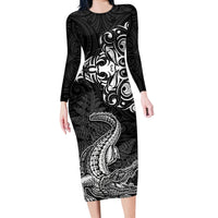 New Zealand Crocodile Tattoo and Fern Long Sleeve Bodycon Dress Maori Pattern LT03 Long Dress Black - Polynesian Pride