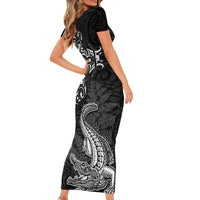 New Zealand Crocodile Tattoo and Fern Short Sleeve Bodycon Dress Maori Pattern LT03 - Polynesian Pride