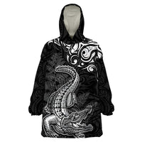 New Zealand Crocodile Tattoo and Fern Wearable Blanket Hoodie Maori Pattern LT03 One Size Black - Polynesian Pride