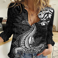 New Zealand Crocodile Tattoo and Fern Women Casual Shirt Maori Pattern LT03 Female Black - Polynesian Pride