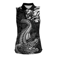 New Zealand Crocodile Tattoo and Fern Women Sleeveless Polo Shirt Maori Pattern LT03 Female Black - Polynesian Pride
