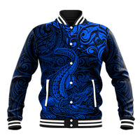 New Zealand Crocodile Tattoo and Fern Baseball Jacket Maori Pattern Blue Color