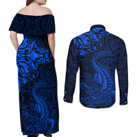 New Zealand Crocodile Tattoo and Fern Couples Matching Off Shoulder Maxi Dress and Long Sleeve Button Shirt Maori Pattern Blue Color LT03 - Polynesian Pride