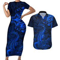 New Zealand Crocodile Tattoo and Fern Couples Matching Short Sleeve Bodycon Dress and Hawaiian Shirt Maori Pattern Blue Color LT03 Blue - Polynesian Pride