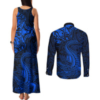 New Zealand Crocodile Tattoo and Fern Couples Matching Tank Maxi Dress and Long Sleeve Button Shirt Maori Pattern Blue Color LT03 - Polynesian Pride