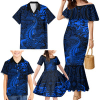 New Zealand Crocodile Tattoo and Fern Family Matching Mermaid Dress and Hawaiian Shirt Maori Pattern Blue Color LT03 - Polynesian Pride