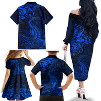 New Zealand Crocodile Tattoo and Fern Family Matching Off The Shoulder Long Sleeve Dress and Hawaiian Shirt Maori Pattern Blue Color LT03 - Polynesian Pride