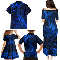 New Zealand Crocodile Tattoo and Fern Family Matching Puletasi and Hawaiian Shirt Maori Pattern Blue Color LT03 - Polynesian Pride