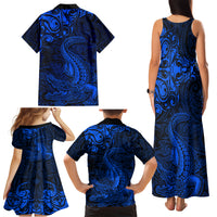 New Zealand Crocodile Tattoo and Fern Family Matching Tank Maxi Dress and Hawaiian Shirt Maori Pattern Blue Color LT03 - Polynesian Pride