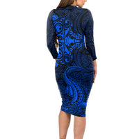 New Zealand Crocodile Tattoo and Fern Long Sleeve Bodycon Dress Maori Pattern Blue Color LT03 - Polynesian Pride