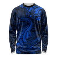 New Zealand Crocodile Tattoo and Fern Long Sleeve Shirt Maori Pattern Blue Color LT03 Unisex Blue - Polynesian Pride