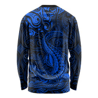 New Zealand Crocodile Tattoo and Fern Long Sleeve Shirt Maori Pattern Blue Color LT03 - Polynesian Pride