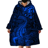 New Zealand Crocodile Tattoo and Fern Wearable Blanket Hoodie Maori Pattern Blue Color LT03 - Polynesian Pride