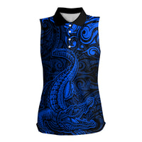 New Zealand Crocodile Tattoo and Fern Women Sleeveless Polo Shirt Maori Pattern Blue Color LT03 Female Blue - Polynesian Pride