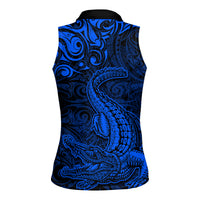 New Zealand Crocodile Tattoo and Fern Women Sleeveless Polo Shirt Maori Pattern Blue Color LT03 - Polynesian Pride