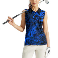 New Zealand Crocodile Tattoo and Fern Women Sleeveless Polo Shirt Maori Pattern Blue Color LT03 - Polynesian Pride