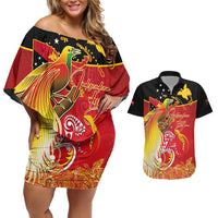 Papua New Guinea Independence Day Couples Matching Off Shoulder Short Dress and Hawaiian Shirt Happy Anniversary 50th Bird-of-paradise Melanesian Tattoos LT03 Black - Polynesian Pride