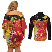 Papua New Guinea Independence Day Couples Matching Off Shoulder Short Dress and Long Sleeve Button Shirt Happy Anniversary 50th Bird-of-paradise Melanesian Tattoos LT03 - Polynesian Pride
