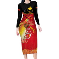 Papua New Guinea Independence Day Long Sleeve Bodycon Dress Happy Anniversary 50th Bird-of-paradise Melanesian Tattoos LT03 Long Dress Black - Polynesian Pride