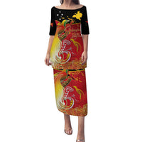 Papua New Guinea Independence Day Puletasi Happy Anniversary 50th Bird-of-paradise Melanesian Tattoos LT03 Long Dress Black - Polynesian Pride