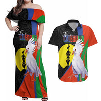 New Caledonia Couples Matching Off Shoulder Maxi Dress and Hawaiian Shirt Kagu Bird and The Seal with Melanesian Culture LT03 Black - Polynesian Pride