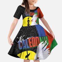 New Caledonia Kid Short Sleeve Dress Kagu Bird and The Seal with Melanesian Culture LT03 KID Black - Polynesian Pride