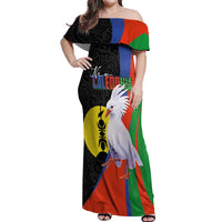 New Caledonia Off Shoulder Maxi Dress Kagu Bird and The Seal with Melanesian Culture LT03 Women Black - Polynesian Pride