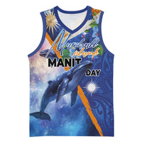 Marshall Islands Manit Day Basketball Jersey Grunge National Flag with Whales and Tribal Tattoos LT03 Unisex Blue - Polynesian Pride