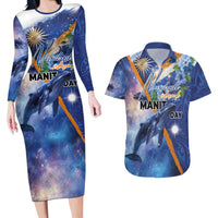 Marshall Islands Manit Day Couples Matching Long Sleeve Bodycon Dress and Hawaiian Shirt Grunge National Flag with Whales and Tribal Tattoos LT03 Blue - Polynesian Pride
