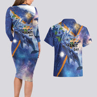 Marshall Islands Manit Day Couples Matching Long Sleeve Bodycon Dress and Hawaiian Shirt Grunge National Flag with Whales and Tribal Tattoos LT03 - Polynesian Pride