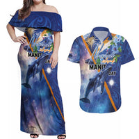 Marshall Islands Manit Day Couples Matching Off Shoulder Maxi Dress and Hawaiian Shirt Grunge National Flag with Whales and Tribal Tattoos LT03 Blue - Polynesian Pride