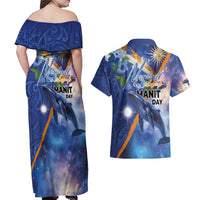 Marshall Islands Manit Day Couples Matching Off Shoulder Maxi Dress and Hawaiian Shirt Grunge National Flag with Whales and Tribal Tattoos LT03 - Polynesian Pride