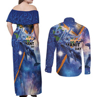 Marshall Islands Manit Day Couples Matching Off Shoulder Maxi Dress and Long Sleeve Button Shirt Grunge National Flag with Whales and Tribal Tattoos LT03 - Polynesian Pride