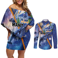 Marshall Islands Manit Day Couples Matching Off Shoulder Short Dress and Long Sleeve Button Shirt Grunge National Flag with Whales and Tribal Tattoos LT03 Blue - Polynesian Pride
