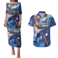Marshall Islands Manit Day Couples Matching Puletasi and Hawaiian Shirt Grunge National Flag with Whales and Tribal Tattoos LT03 Blue - Polynesian Pride