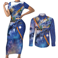 Marshall Islands Manit Day Couples Matching Short Sleeve Bodycon Dress and Long Sleeve Button Shirt Grunge National Flag with Whales and Tribal Tattoos LT03 Blue - Polynesian Pride