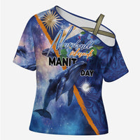 Marshall Islands Manit Day Cross Shoulder Shirt Grunge National Flag with Whales and Tribal Tattoos LT03 Female Blue - Polynesian Pride