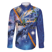 Marshall Islands Manit Day Family Matching Mermaid Dress and Hawaiian Shirt Grunge National Flag with Whales and Tribal Tattoos LT03 Dad's Shirt - Long Sleeve Blue - Polynesian Pride