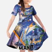 Marshall Islands Manit Day Family Matching Off The Shoulder Long Sleeve Dress and Hawaiian Shirt Grunge National Flag with Whales and Tribal Tattoos LT03 Daughter's Dress Blue - Polynesian Pride