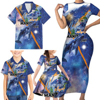 Marshall Islands Manit Day Family Matching Short Sleeve Bodycon Dress and Hawaiian Shirt Grunge National Flag with Whales and Tribal Tattoos LT03 - Polynesian Pride