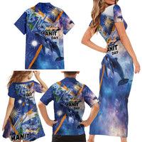 Marshall Islands Manit Day Family Matching Short Sleeve Bodycon Dress and Hawaiian Shirt Grunge National Flag with Whales and Tribal Tattoos LT03 - Polynesian Pride