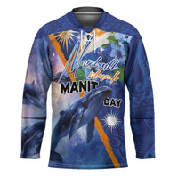 Marshall Islands Manit Day Hockey Jersey Grunge National Flag with Whales and Tribal Tattoos LT03 Unisex Blue - Polynesian Pride